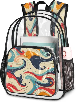 KOBLEN Retro Swirl Design 14.2 Inch Clear Backpack, Heavy Duty Transparent PVC Daypack with Adjustable Padded Straps, Large Capacity Clear Bag for Festival, Concerts, Travel