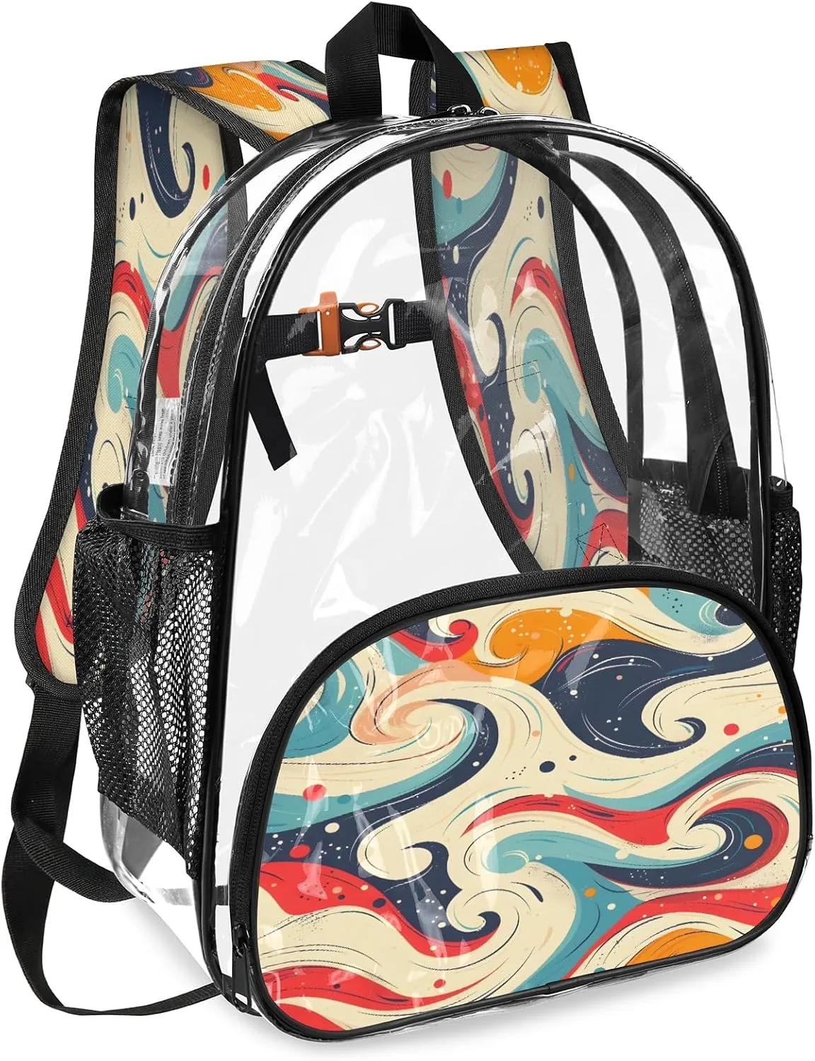 KOBLEN Retro Swirl Design 14.2 Inch Clear Backpack, Heavy Duty Transparent PVC Daypack with Adjustable Padded Straps, Large Capacity Clear Bag for Festival, Concerts, Travel