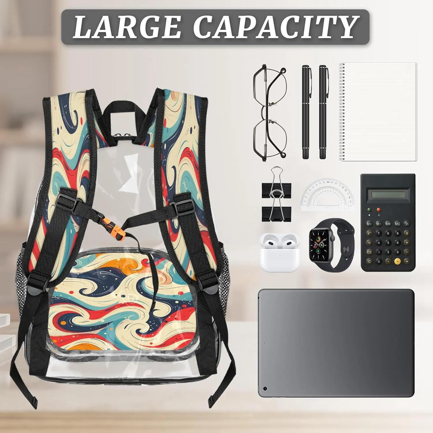 KOBLEN Retro Swirl Design 14.2 Inch Clear Backpack, Heavy Duty Transparent PVC Daypack with Adjustable Padded Straps, Large Capacity Clear Bag for Festival, Concerts, Travel