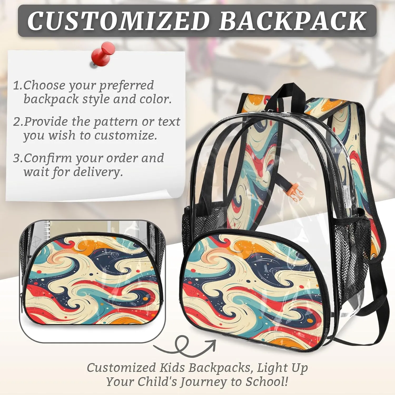 KOBLEN Retro Swirl Design 14.2 Inch Clear Backpack, Heavy Duty Transparent PVC Daypack with Adjustable Padded Straps, Large Capacity Clear Bag for Festival, Concerts, Travel