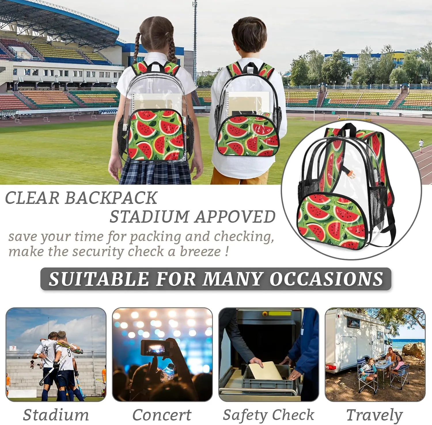 KOBLEN Sliced Watermelon Pattern 14.2 Inch Clear Backpack, Heavy Duty Transparent PVC Daypack with Adjustable Padded Straps, Large Capacity Clear Bag for Festival, Concerts, Travel