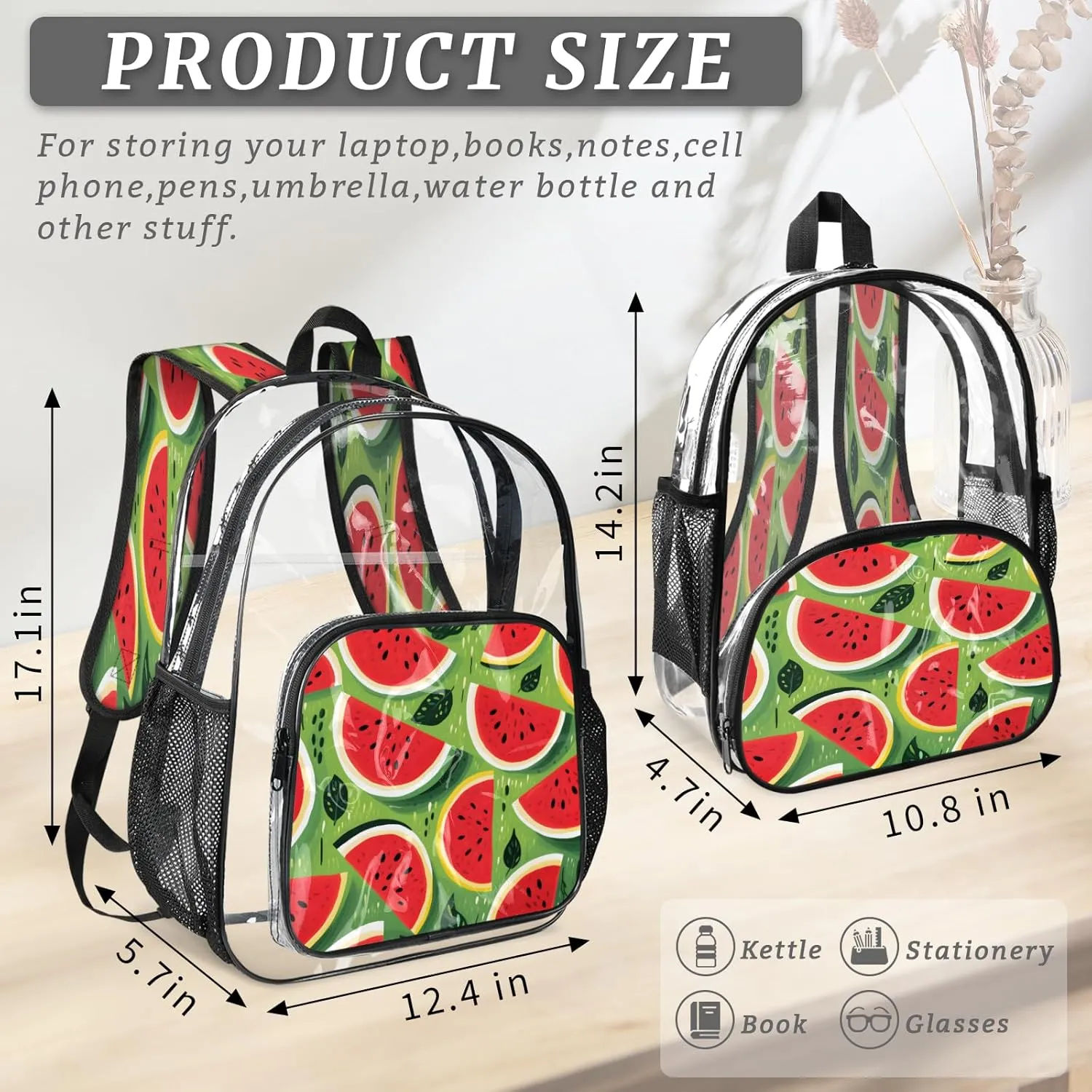 KOBLEN Sliced Watermelon Pattern 14.2 Inch Clear Backpack, Heavy Duty Transparent PVC Daypack with Adjustable Padded Straps, Large Capacity Clear Bag for Festival, Concerts, Travel