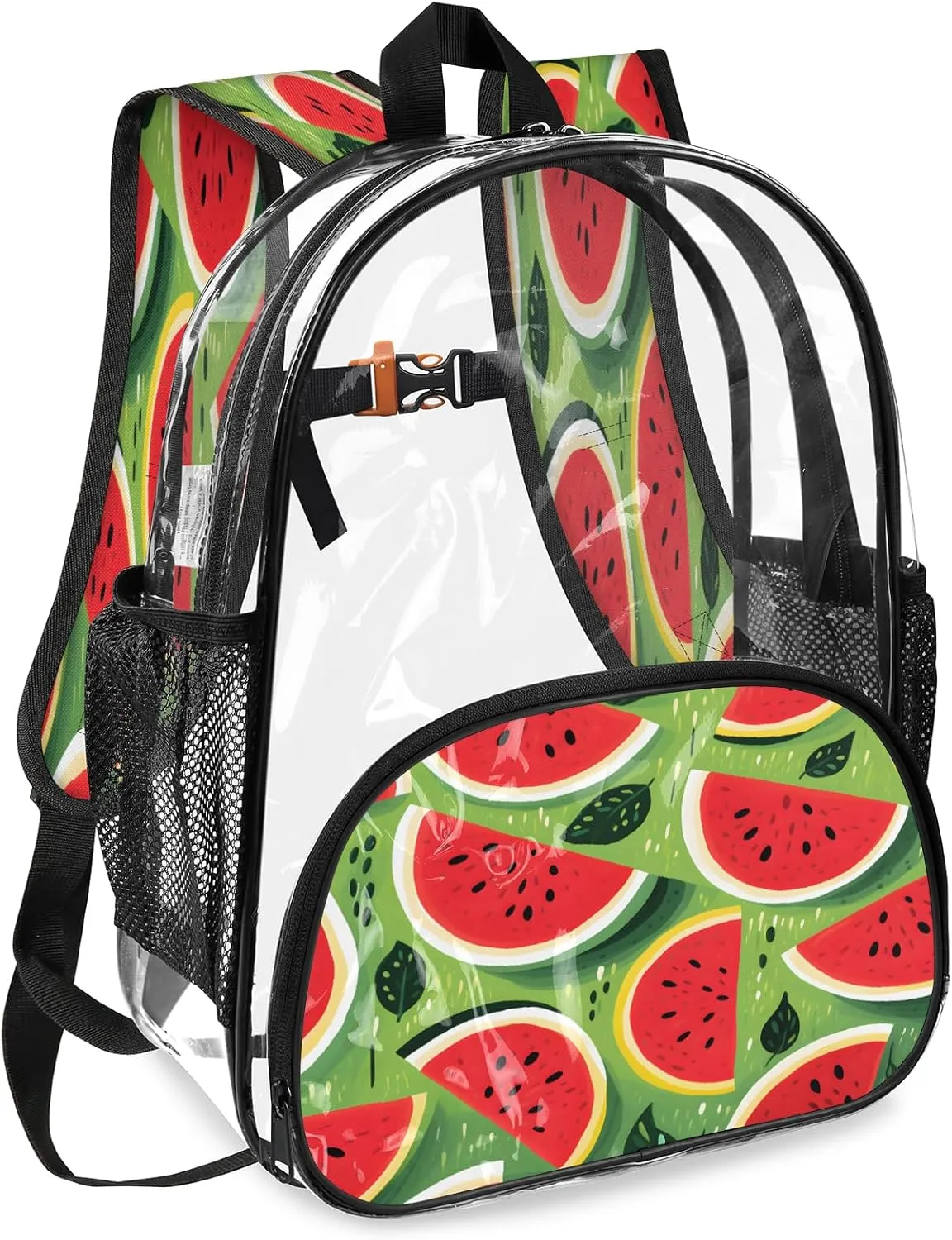 KOBLEN Sliced Watermelon Pattern 14.2 Inch Clear Backpack, Heavy Duty Transparent PVC Daypack with Adjustable Padded Straps, Large Capacity Clear Bag for Festival, Concerts, Travel