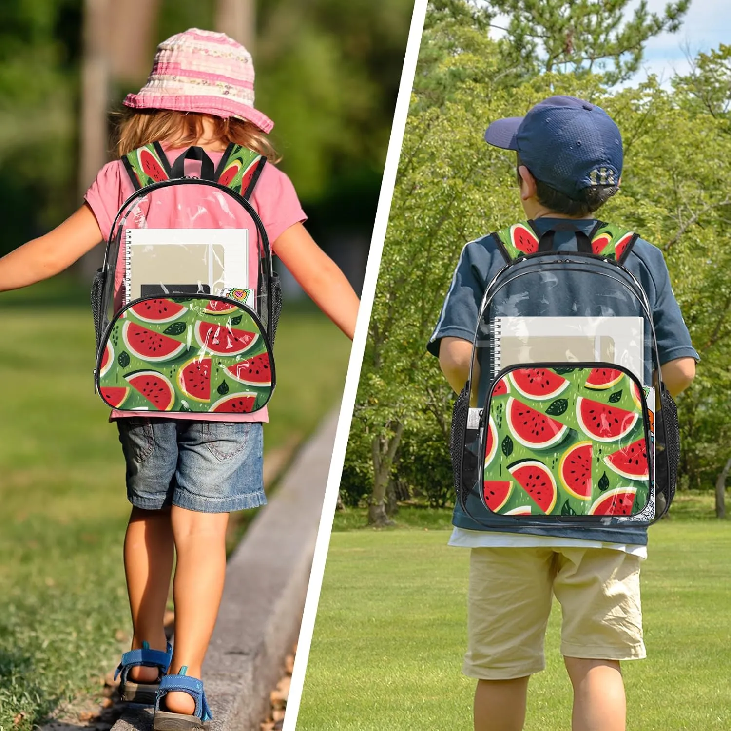 KOBLEN Sliced Watermelon Pattern 14.2 Inch Clear Backpack, Heavy Duty Transparent PVC Daypack with Adjustable Padded Straps, Large Capacity Clear Bag for Festival, Concerts, Travel