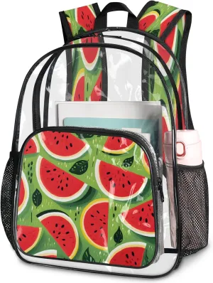 KOBLEN Sliced Watermelon Pattern 14.2 Inch Clear Backpack, Heavy Duty Transparent PVC Daypack with Adjustable Padded Straps, Large Capacity Clear Bag for Festival, Concerts, Travel