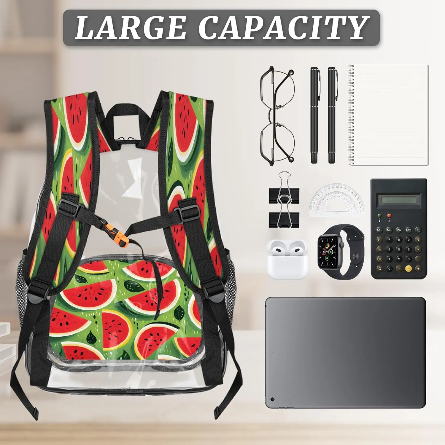 KOBLEN Sliced Watermelon Pattern 14.2 Inch Clear Backpack, Heavy Duty Transparent PVC Daypack with Adjustable Padded Straps, Large Capacity Clear Bag for Festival, Concerts, Travel