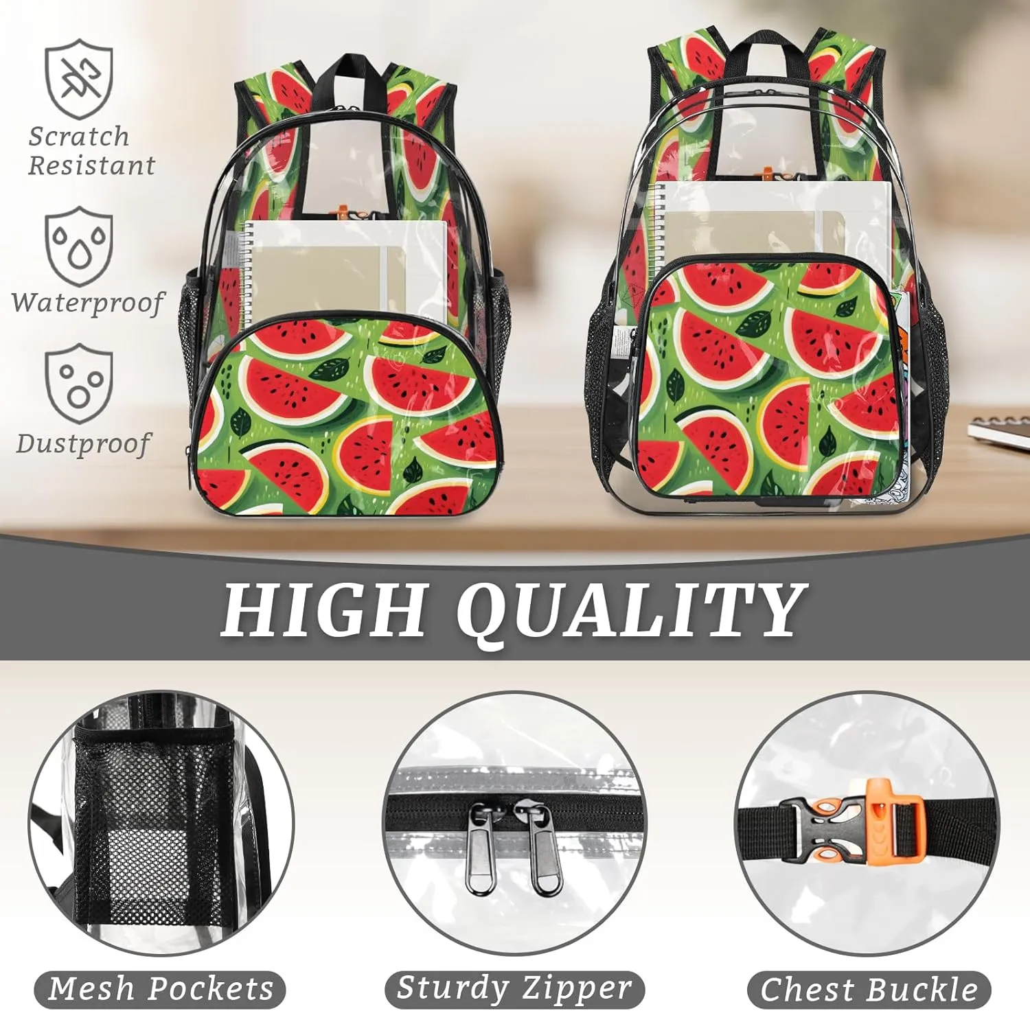 KOBLEN Sliced Watermelon Pattern 14.2 Inch Clear Backpack, Heavy Duty Transparent PVC Daypack with Adjustable Padded Straps, Large Capacity Clear Bag for Festival, Concerts, Travel