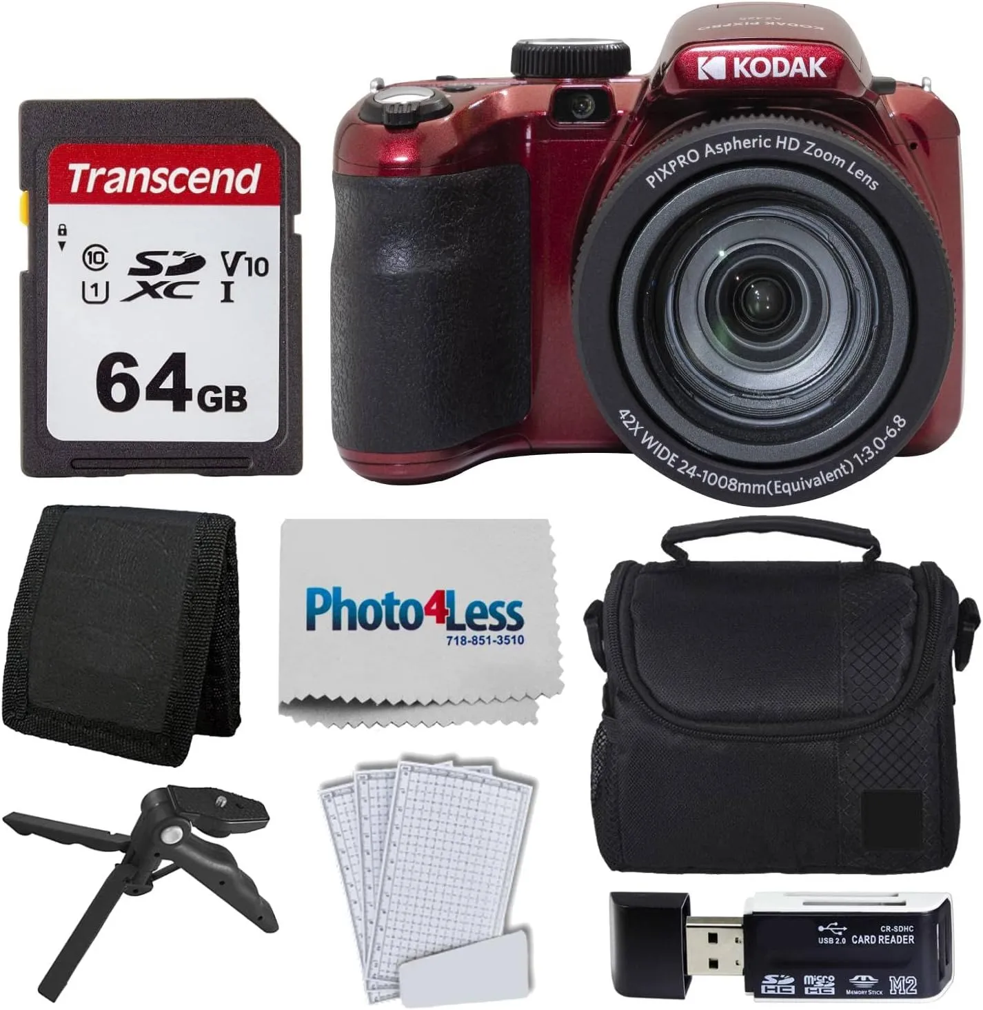 Kodak PIXPRO AZ425 Digital Camera   64GB Memory Card   Camera Case (Black)   USB Card Reader   Table Tripod   Accessories (Red)