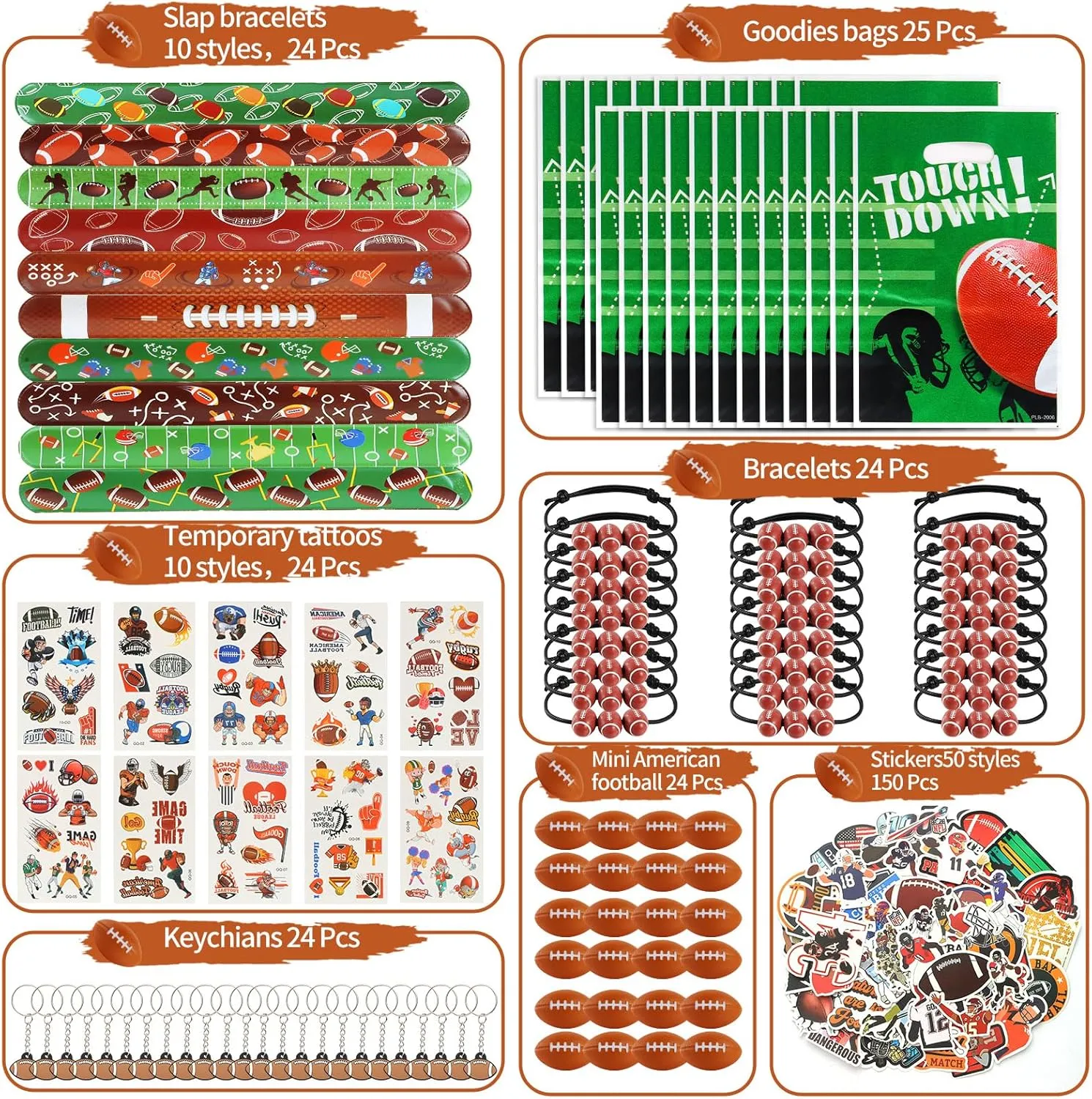 Kolewo4ever 294 Pieces Football Party Favors Football Themed Birthday Gift Goodie Bags Party Faovrs 24 Set Mini Foam Stress Balls,Slap Bracelet, Keychain, Charm Bracelets