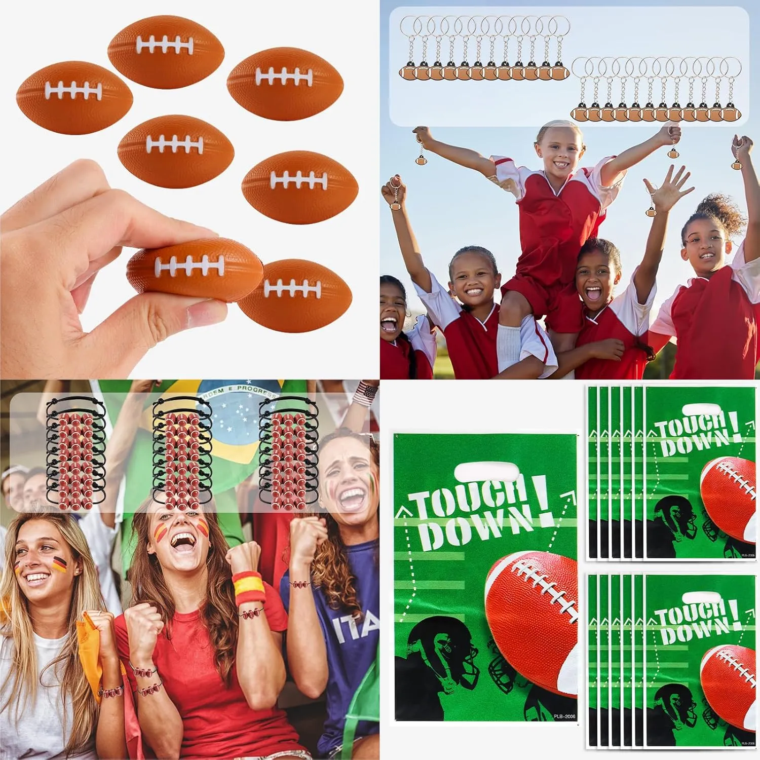 Kolewo4ever 294 Pieces Football Party Favors Football Themed Birthday Gift Goodie Bags Party Faovrs 24 Set Mini Foam Stress Balls,Slap Bracelet, Keychain, Charm Bracelets