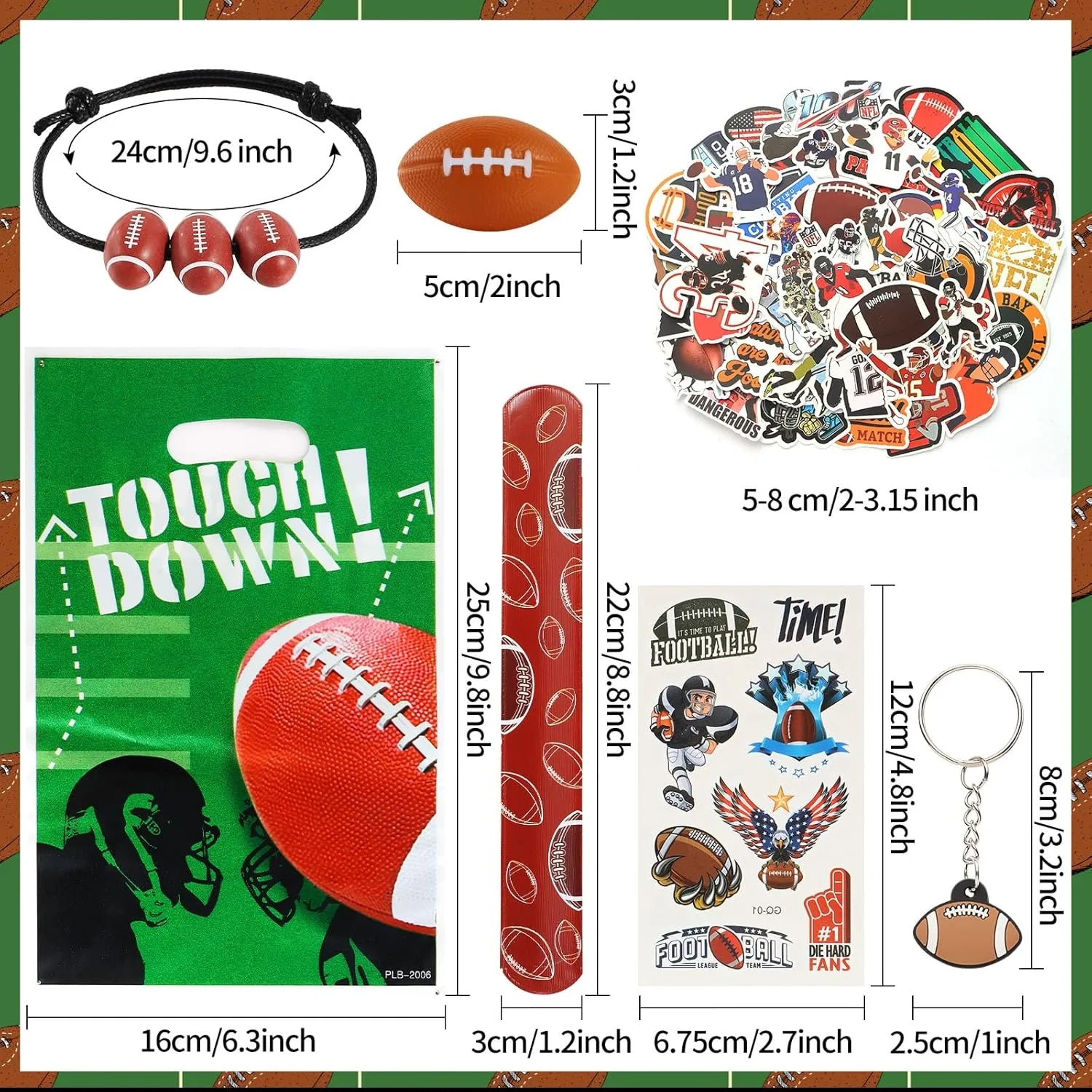 Kolewo4ever 294 Pieces Football Party Favors Football Themed Birthday Gift Goodie Bags Party Faovrs 24 Set Mini Foam Stress Balls,Slap Bracelet, Keychain, Charm Bracelets