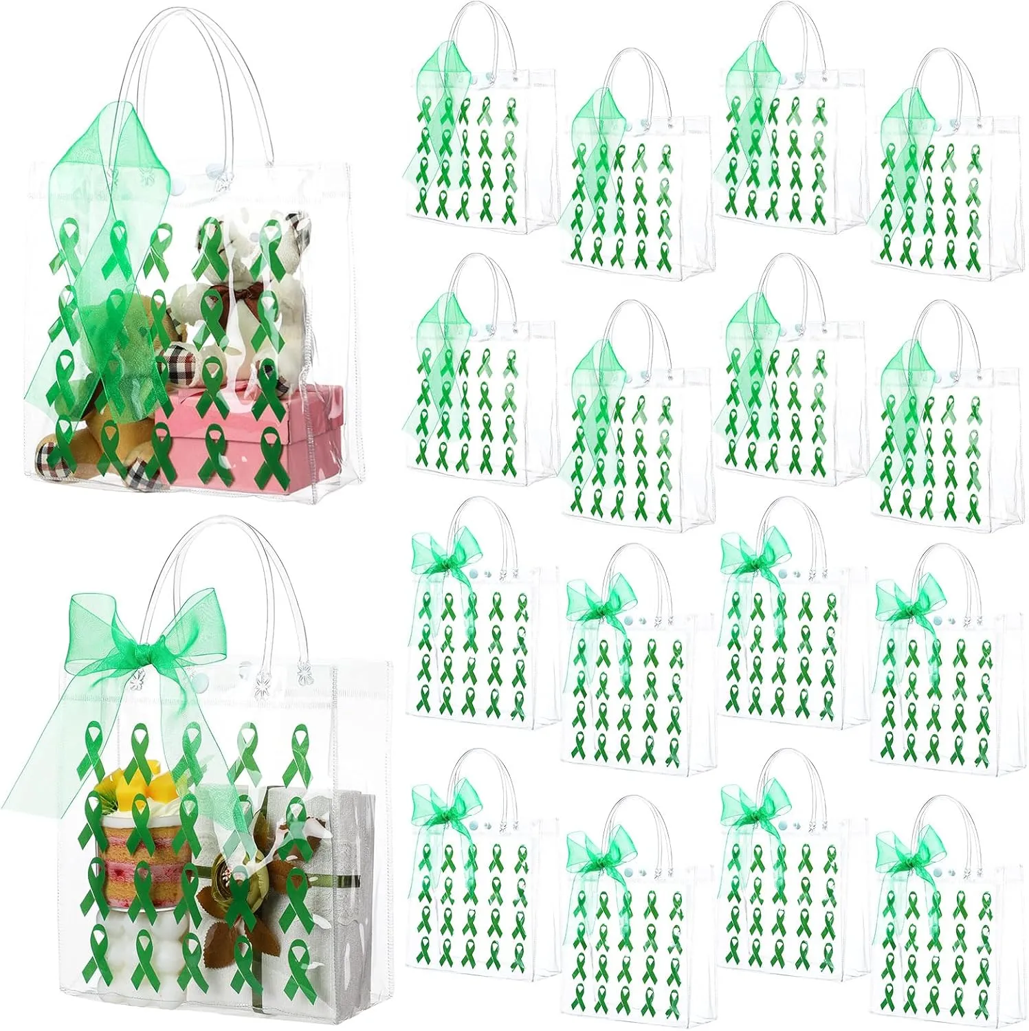 Kolldenn 24 Pcs 8'' Mental Health Awareness Month Favors Clear Green Ribbon Gift Bags Reusable PVC Wrap Bag for Mental Health Awareness Activities Supplies for Women Men