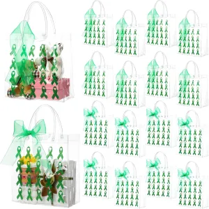 Kolldenn 24 Pcs 8'' Mental Health Awareness Month Favors Clear Green Ribbon Gift Bags Reusable PVC Wrap Bag for Mental Health Awareness Activities Supplies for Women Men
