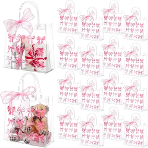 Kolldenn 24 Pcs Clear Gift Bags with Handles 8 Inches Transparent Glitter Tote with Pink Gauze Belt Reusable PVC Wrap Bag (Coquette Pink Bow)