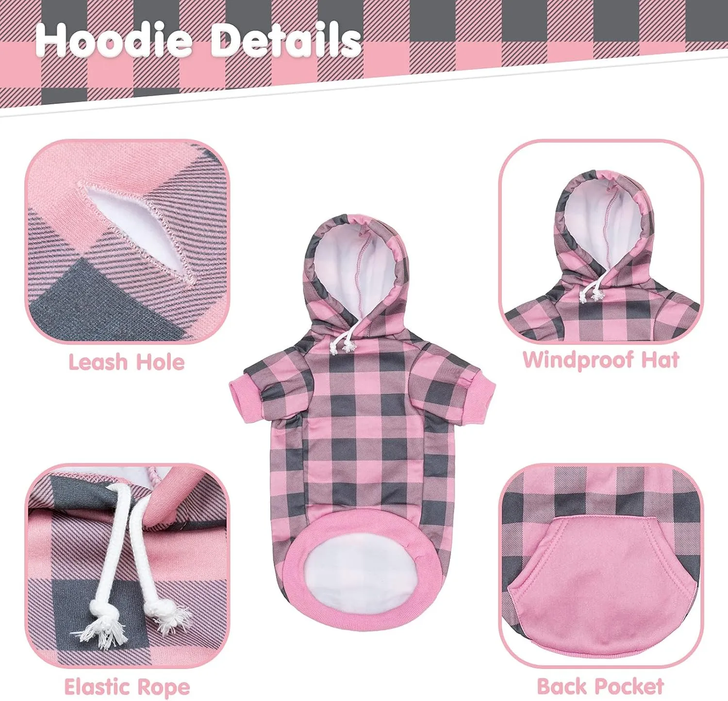 KOOLTAIL Plaid Dog Hoodie Pet Clothes Sweater with Hat and Pocket for Small Medium Large Size Dogs, Soft Winter Warm Dog Cold Weather Coat, Fleece Fall Dog Hooded Sweatshirt for Puppy Cats, Pink XL