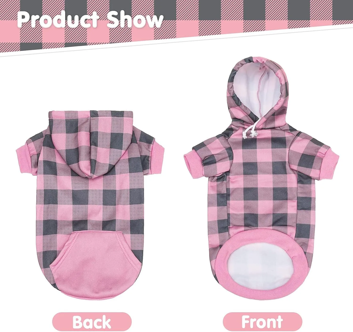 KOOLTAIL Plaid Dog Hoodie Pet Clothes Sweater with Hat and Pocket for Small Medium Large Size Dogs, Soft Winter Warm Dog Cold Weather Coat, Fleece Fall Dog Hooded Sweatshirt for Puppy Cats, Pink XL