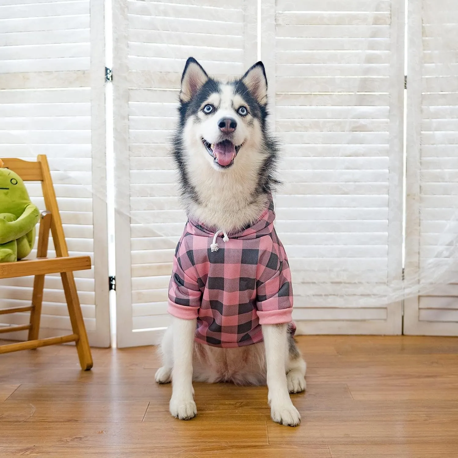 KOOLTAIL Plaid Dog Hoodie Pet Clothes Sweater with Hat and Pocket for Small Medium Large Size Dogs, Soft Winter Warm Dog Cold Weather Coat, Fleece Fall Dog Hooded Sweatshirt for Puppy Cats, Pink XL