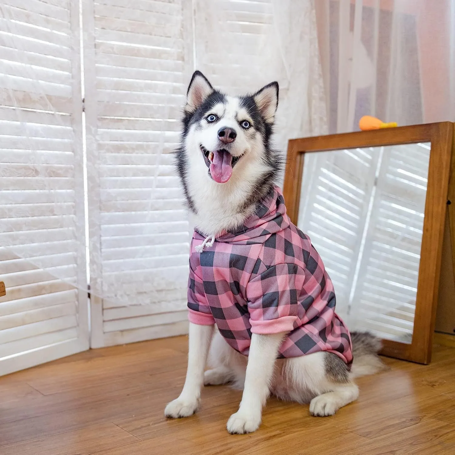 KOOLTAIL Plaid Dog Hoodie Pet Clothes Sweater with Hat and Pocket for Small Medium Large Size Dogs, Soft Winter Warm Dog Cold Weather Coat, Fleece Fall Dog Hooded Sweatshirt for Puppy Cats, Pink XL