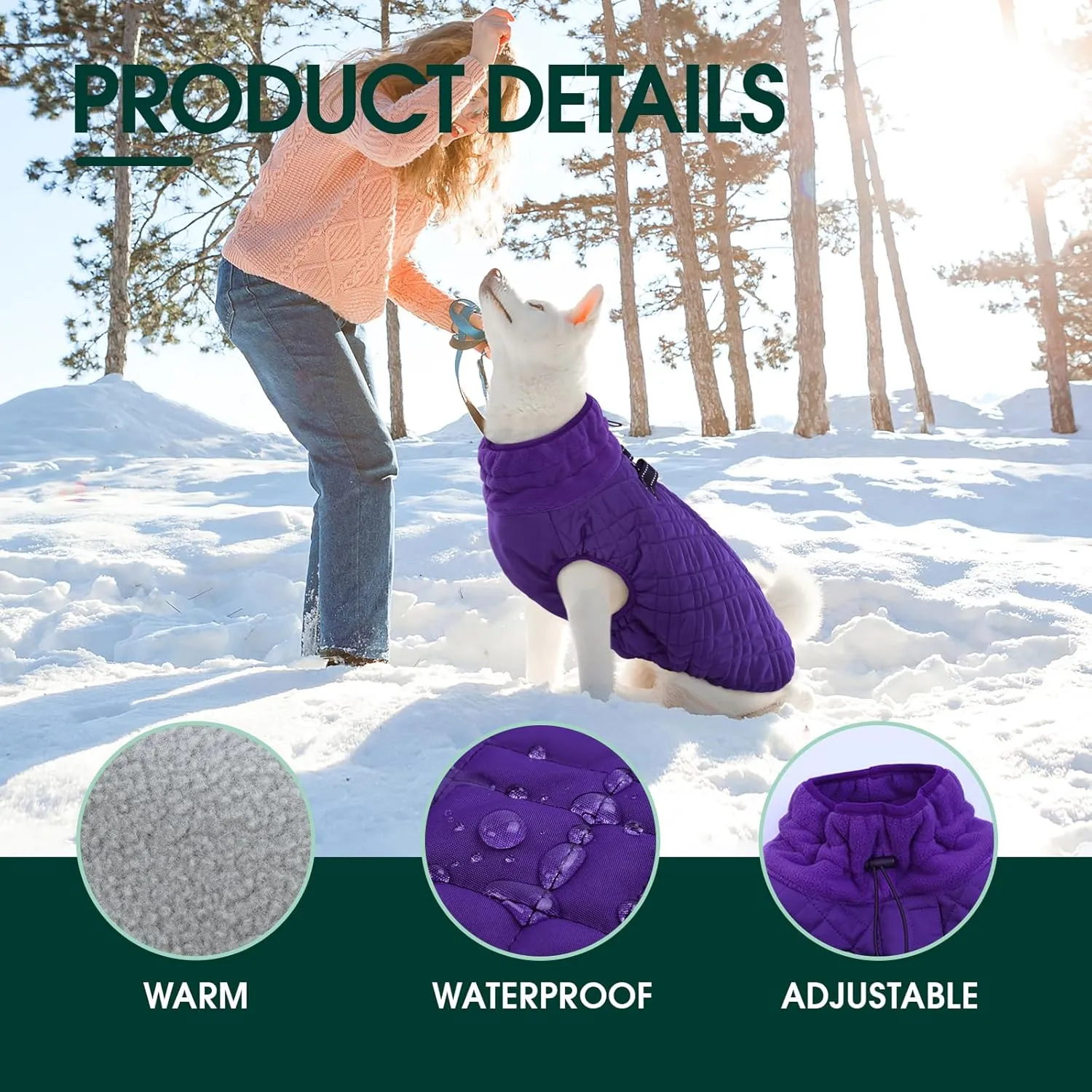 Kuoser Large Dog Coat - Windproof & Warm, Built-in Harness, Perfect for Large Breeds like Labrador & Beagle, Purple XXL