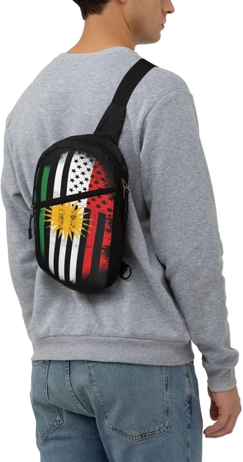 Kurdish Kurdistan American Flag Packable Crossbody Bag Portable Sling Bags Foldable Travel Daypack Reusable Sports Shoulder Backpack Diagonally Chest Bag for Workout