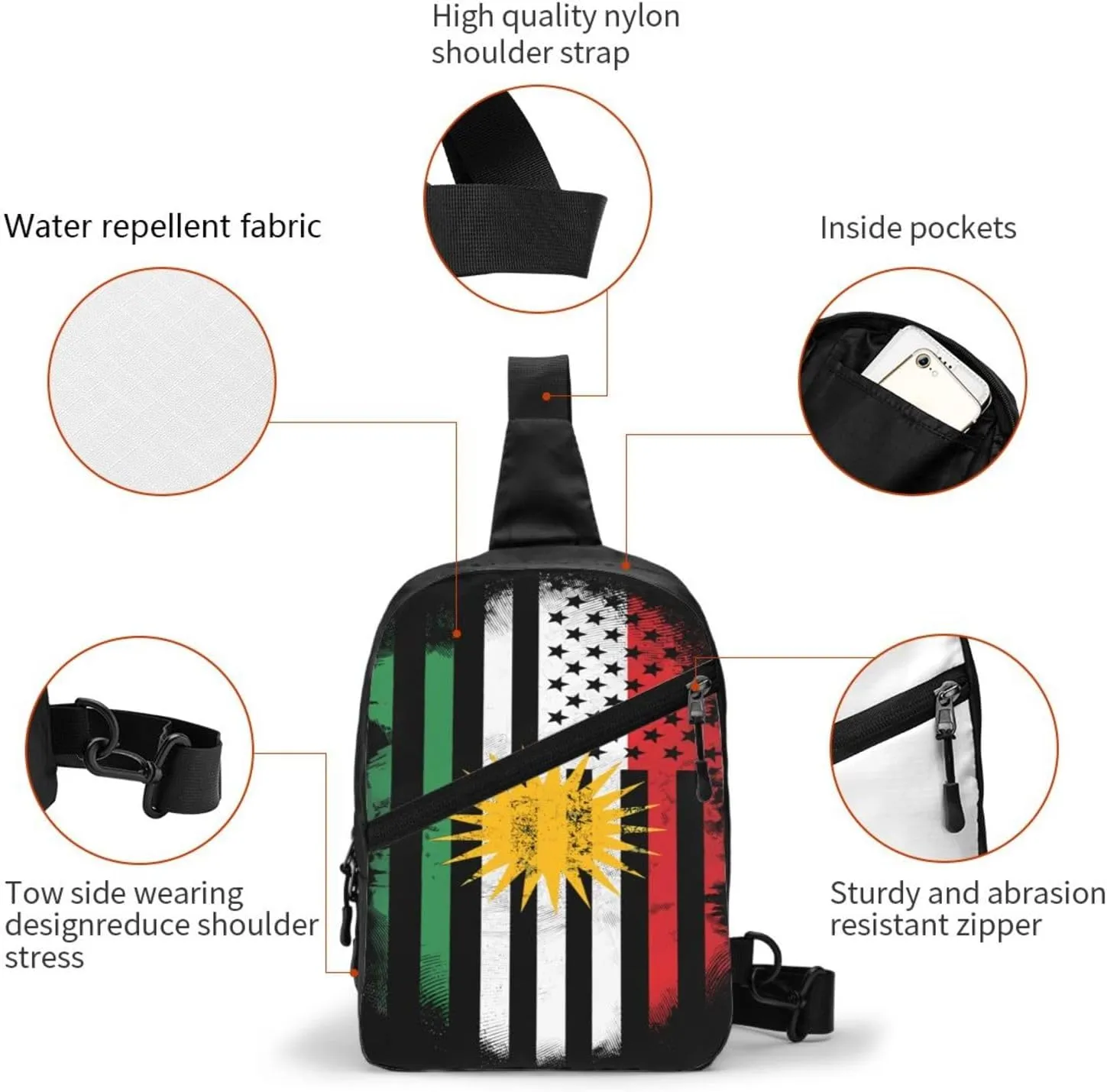 Kurdish Kurdistan American Flag Packable Crossbody Bag Portable Sling Bags Foldable Travel Daypack Reusable Sports Shoulder Backpack Diagonally Chest Bag for Workout