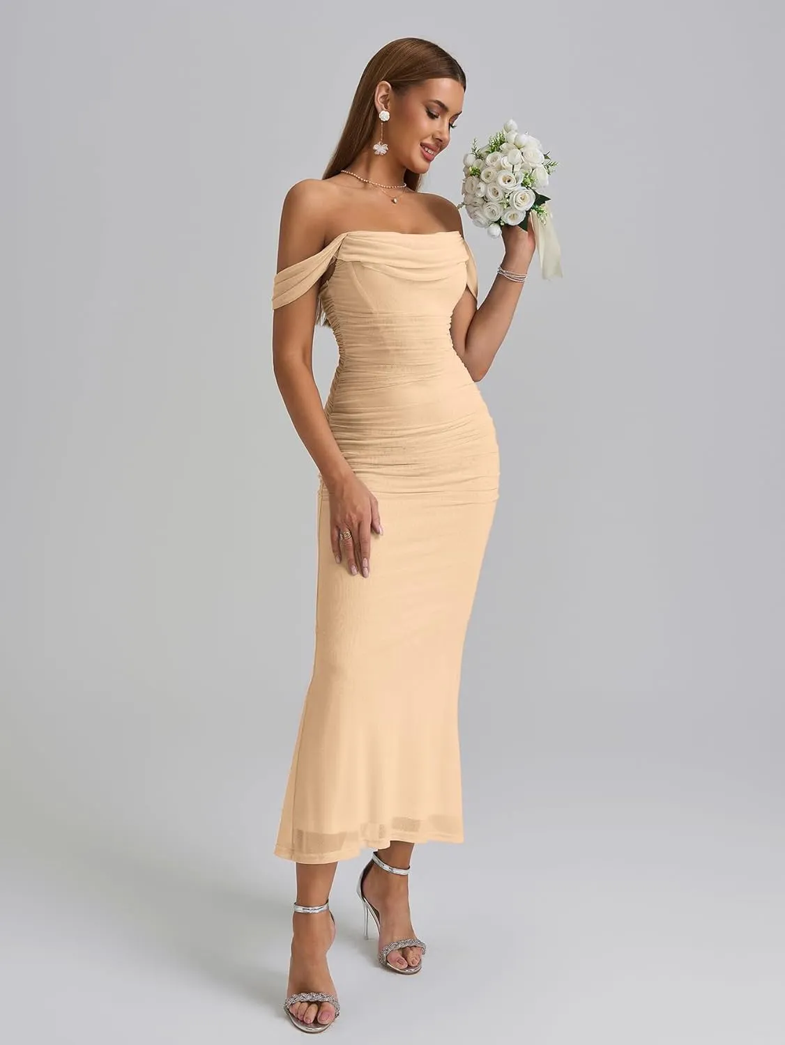 KUTUMAI Off The Shoulder Maxi Long Dress Corset Ruched Bodycon Formal Wedding Guest Dresses for Women