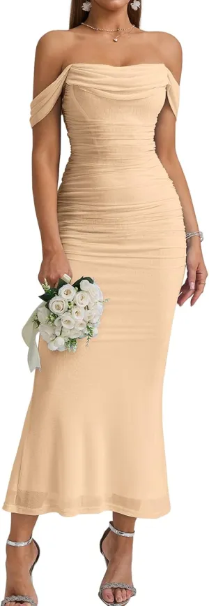 KUTUMAI Off The Shoulder Maxi Long Dress Corset Ruched Bodycon Formal Wedding Guest Dresses for Women