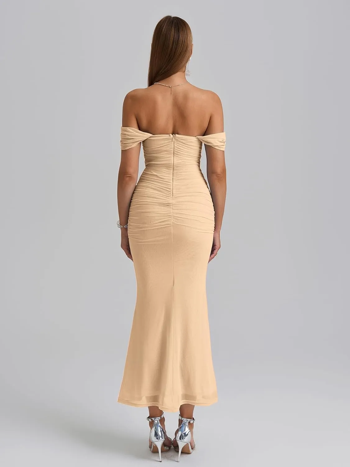KUTUMAI Off The Shoulder Maxi Long Dress Corset Ruched Bodycon Formal Wedding Guest Dresses for Women
