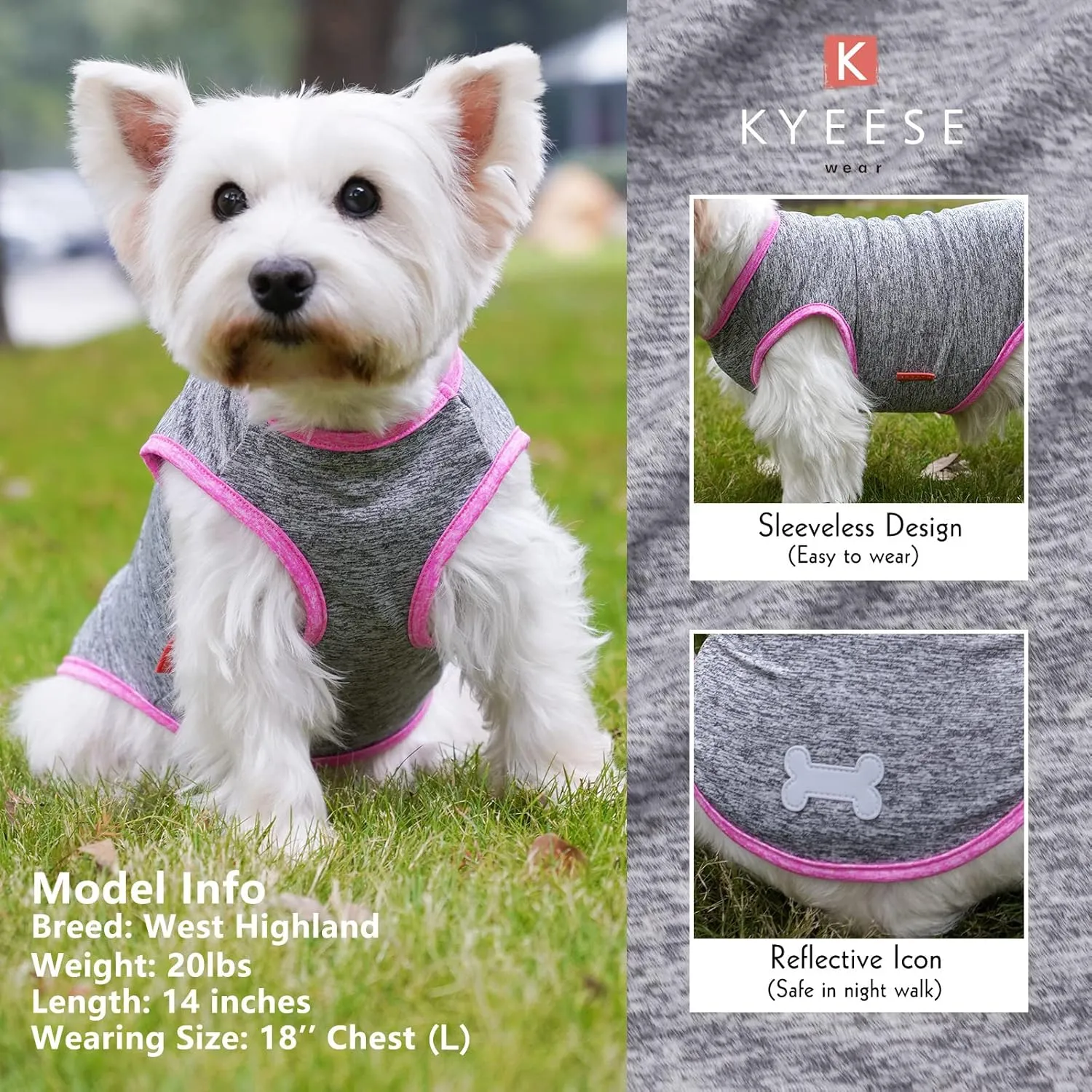 KYEESE 2 Pack Dog Shirts Quick Dry Soft Stretchy Dog T-Shirts with Reflective Label Sun Protection Tank Top Sleeveless Vest Pet Clothes for Small Medium Dogs, Medium, Grey Hotpink