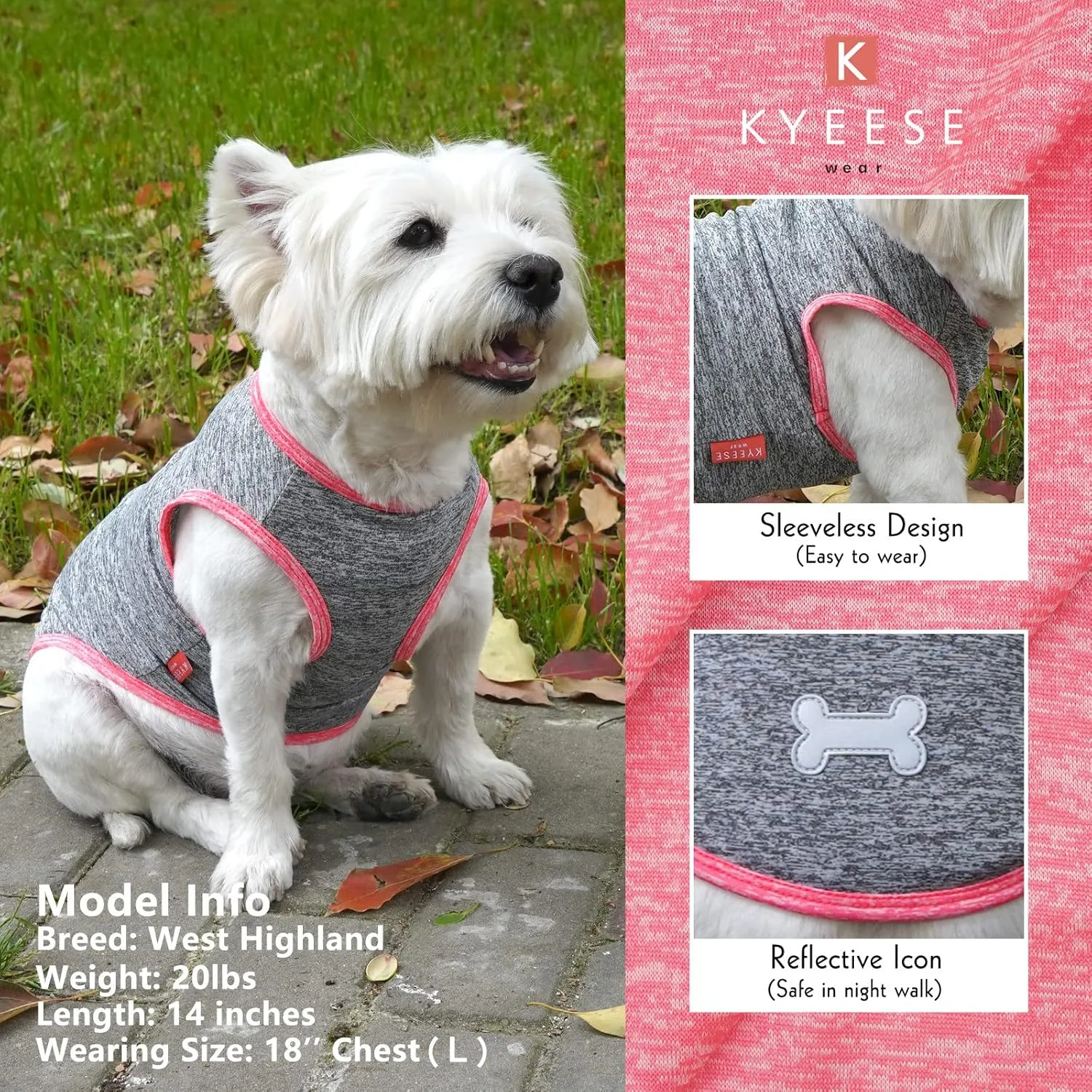 KYEESE 2 Pack Dog Shirts Quick Dry Soft Stretchy Dog T-Shirts with Reflective Label Tank Top Sleeveless Vest Sun Protection Pet Clothes for Small Pet, Coral Red Grey, L