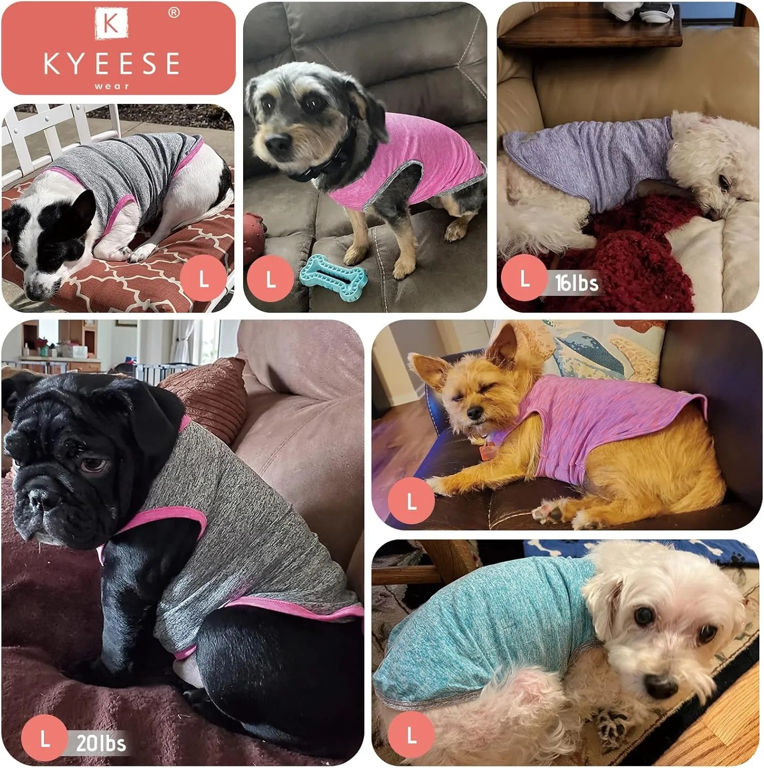 KYEESE 2 Pack Dog Shirts Quick Dry Soft Stretchy Dog T-Shirts with Reflective Label Tank Top Sleeveless Vest Sun Protection Pet Clothes for Small Pet, Coral Red Grey, L