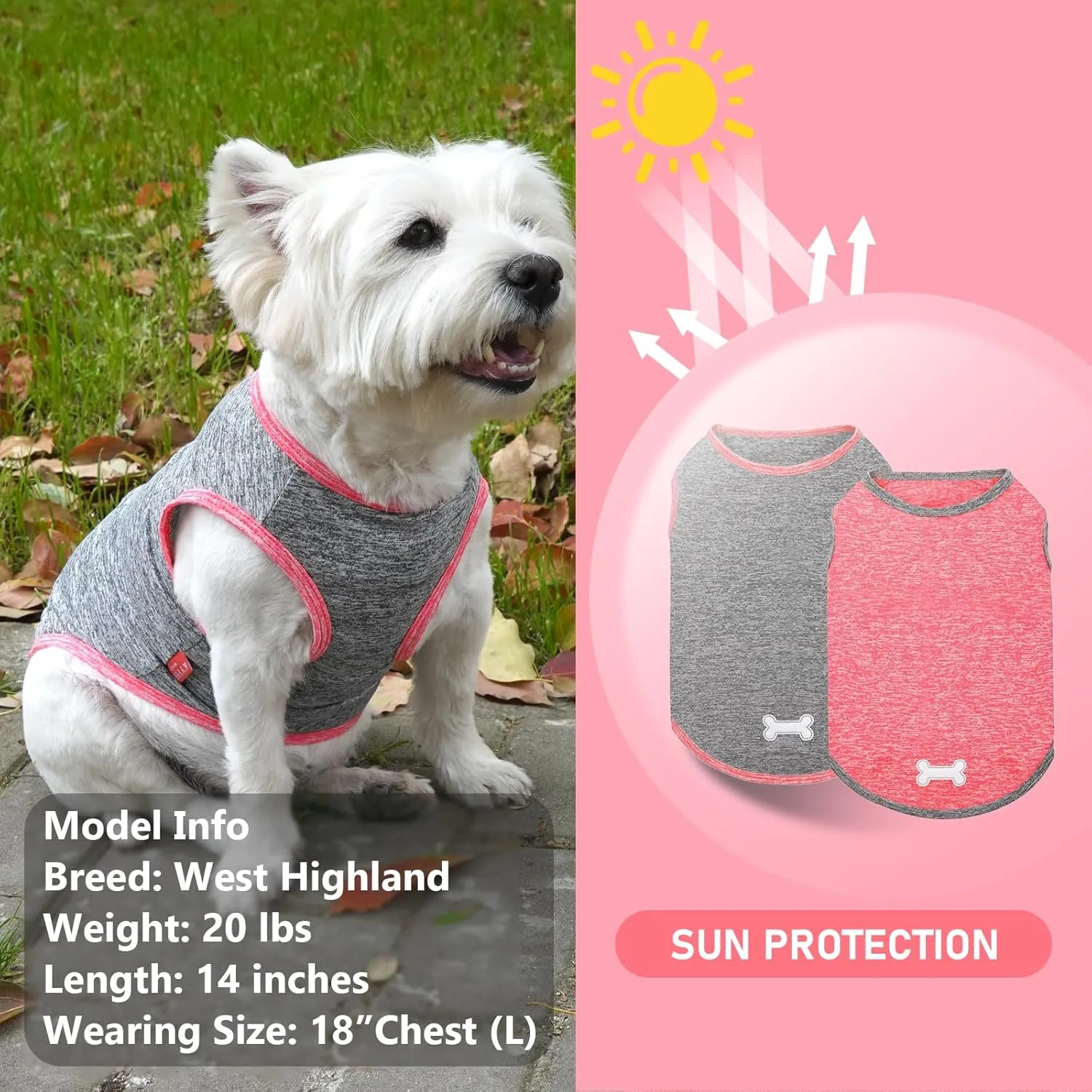 KYEESE 2 Pack Dog Shirts Quick Dry Soft Stretchy Dog T-Shirts with Reflective Label Tank Top Sleeveless Vest Sun Protection Pet Clothes for Small Pet, Coral Red Grey, L