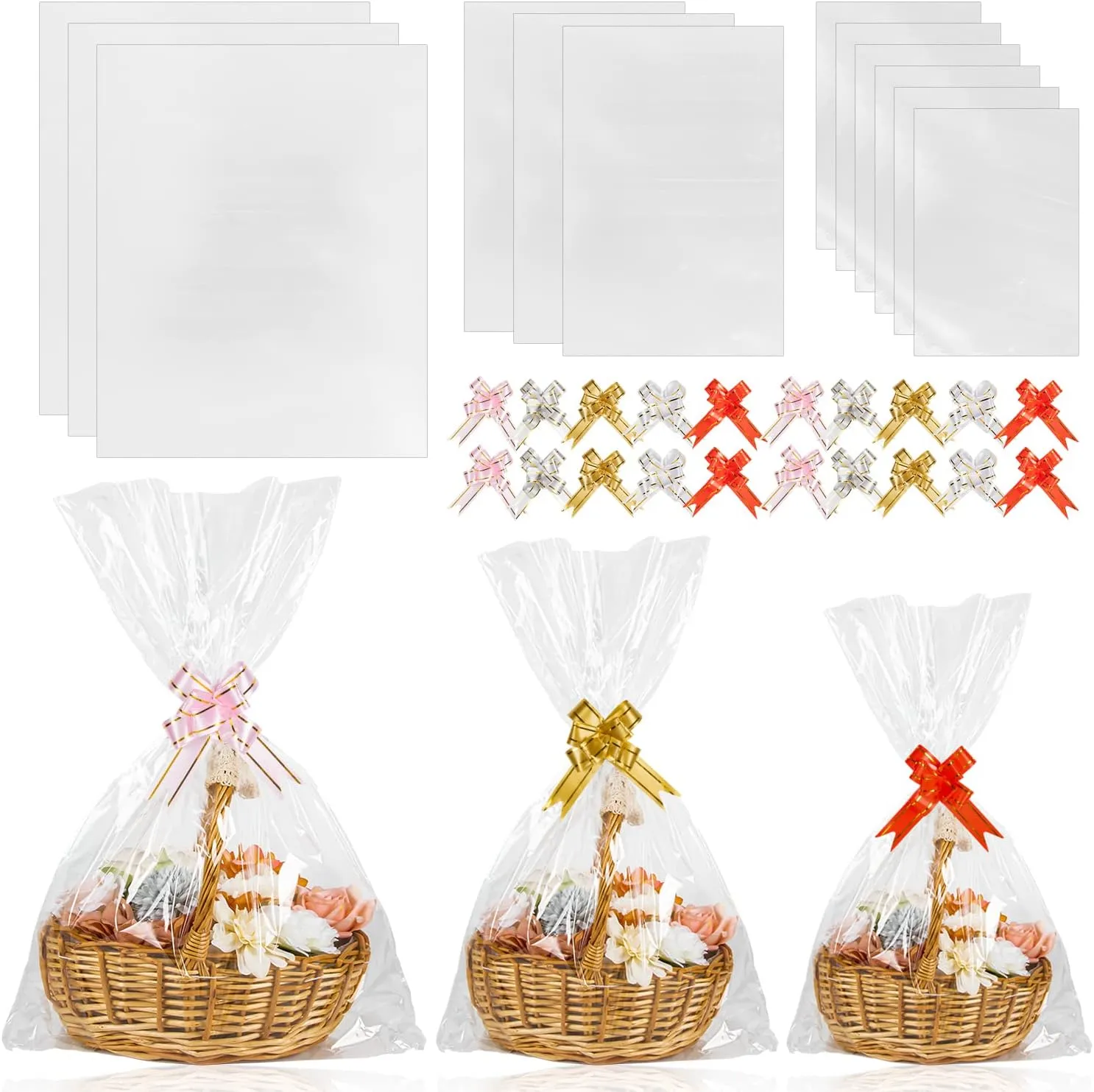 Labeol 50pcs Cellophane Bags 3 Sizes Clear Gift Wrap for Gift Baskets 12x18 16x24 24x30 Inches with 50 Pull Bows
