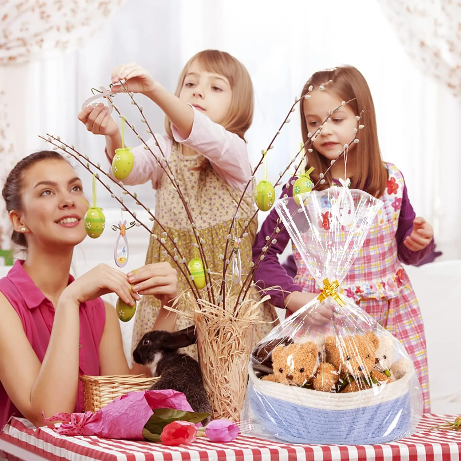 Labeol 50pcs Cellophane Bags 3 Sizes Clear Gift Wrap for Gift Baskets 12x18 16x24 24x30 Inches with 50 Pull Bows
