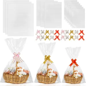 Labeol 50pcs Cellophane Bags 3 Sizes Clear Gift Wrap for Gift Baskets 12x18 16x24 24x30 Inches with 50 Pull Bows