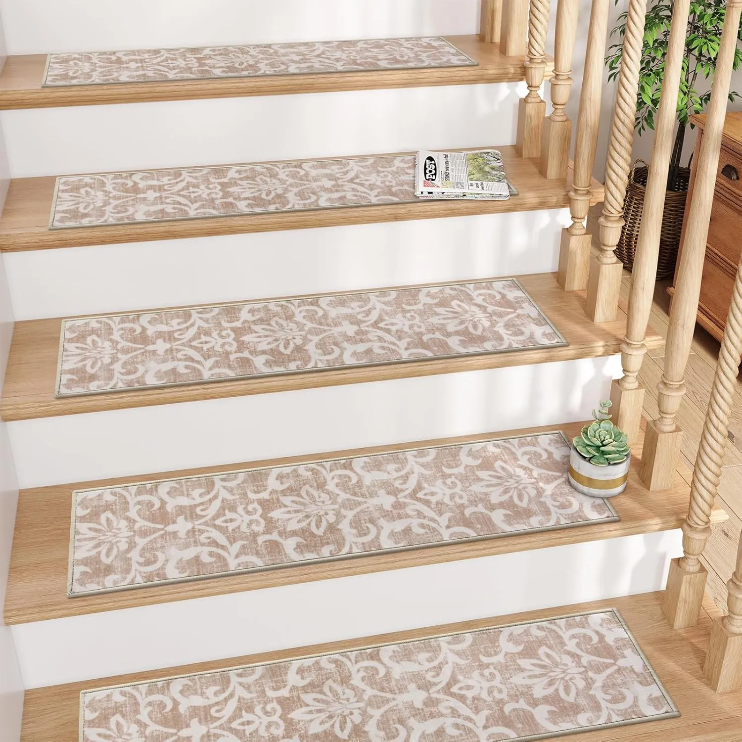 Lahome Carpet Stair Treads Non Slip Backing, 15 Pack 8" X 30" Stair Treads for Wooden Steps Indoor, Soft Washable Stairway Stair Runners Oriental Staircase Rugs for Kids Pets Elders(15pc, Beige)