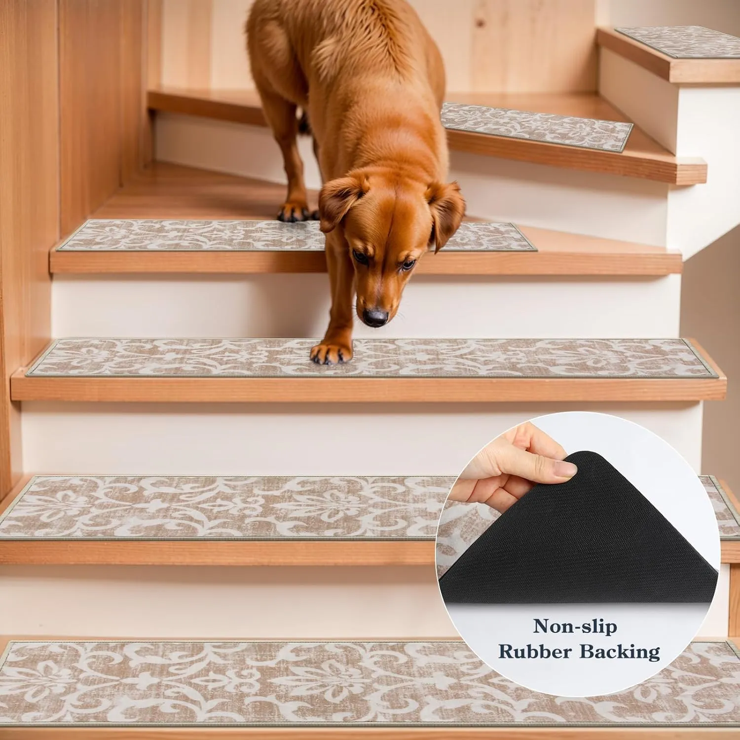 Lahome Carpet Stair Treads Non Slip Backing, 15 Pack 8" X 30" Stair Treads for Wooden Steps Indoor, Soft Washable Stairway Stair Runners Oriental Staircase Rugs for Kids Pets Elders(15pc, Beige)