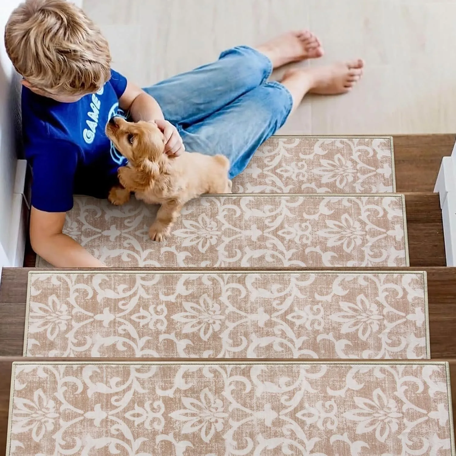 Lahome Carpet Stair Treads Non Slip Backing, 15 Pack 8" X 30" Stair Treads for Wooden Steps Indoor, Soft Washable Stairway Stair Runners Oriental Staircase Rugs for Kids Pets Elders(15pc, Beige)