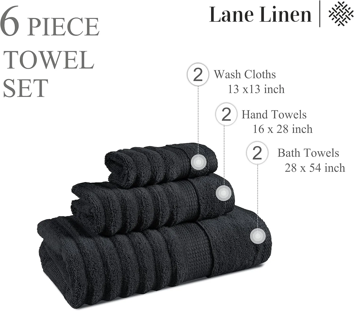 LANE LINEN 6-Piece Bath Towel Set – 100% Cotton, Quick Dry, Zero Twist, Ribbed, Luxury Towels, Includes 2 Large Bath Towels, 2 Hand Towels, 2 Washcloths, Premium Everyday Use - Black