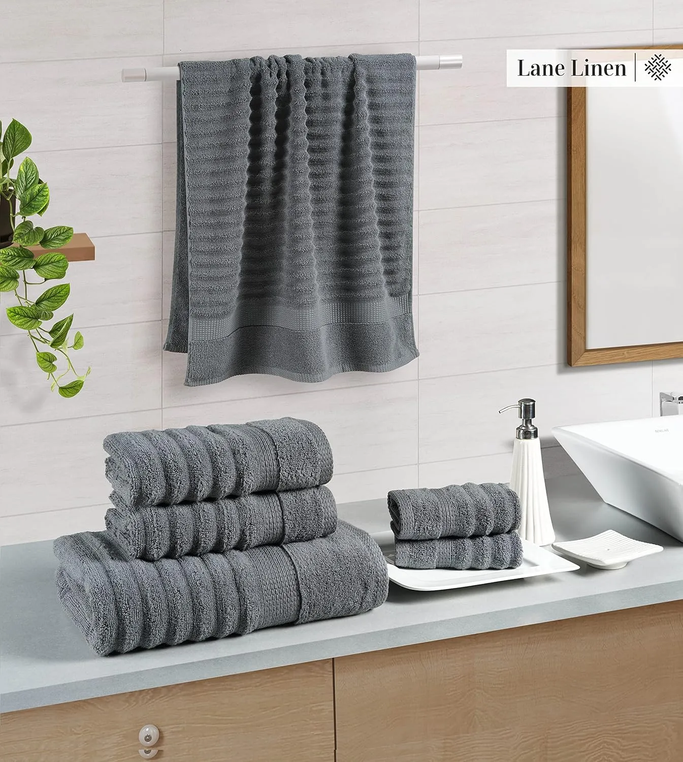 LANE LINEN Bathroom Towels Set - 2 Bath, 2 Hand Towels for Bathroom and 2 Wash Cloths for Body - Highly Absorbent, Soft, Premium 100% Cotton Bath Towel Set for Everyday Use (Set of 6) - Space Grey
