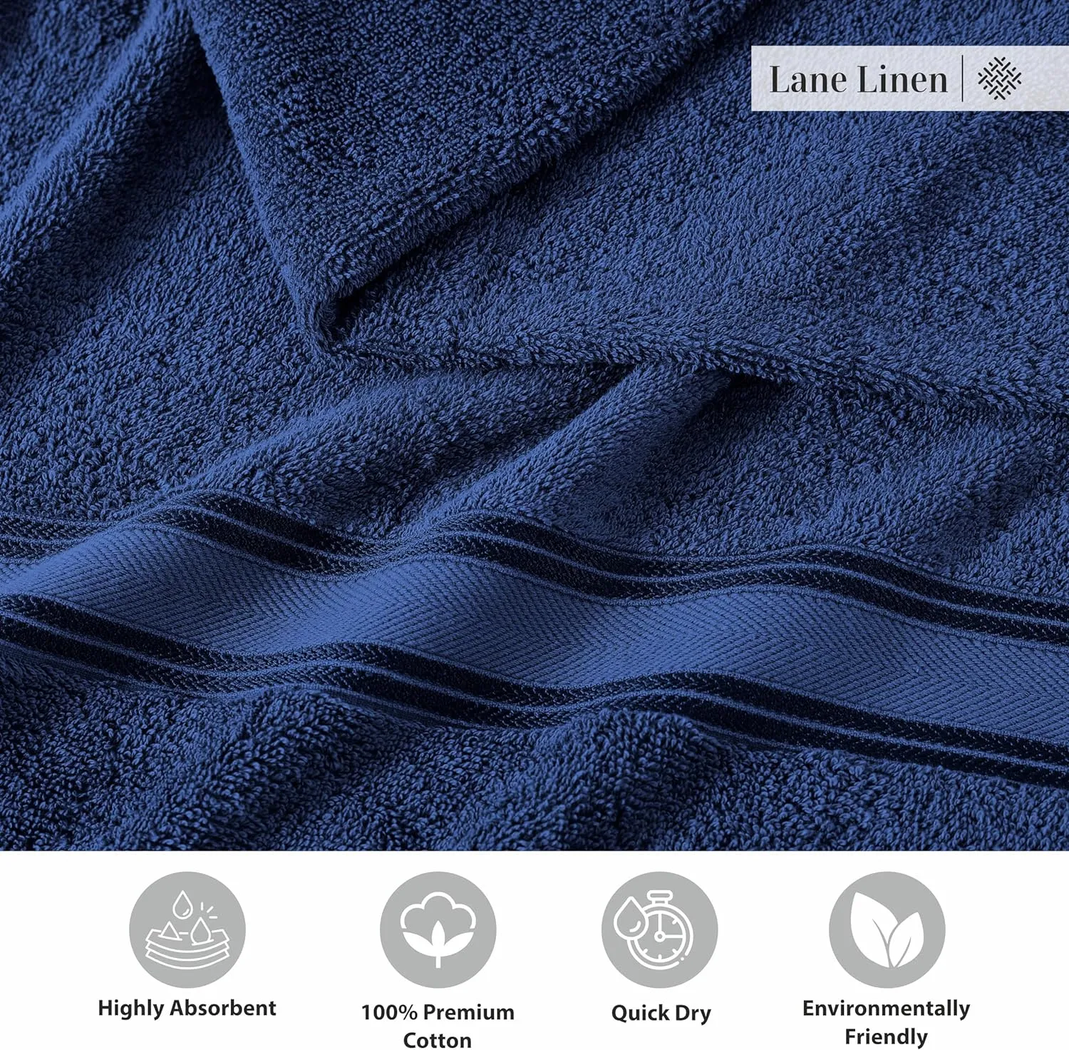 LANE LINEN Luxury Bath Towels Set - 6 Piece Set, 100% Cotton Bathroom Towel, Zero Twist, Quick Dry Shower Towels, Extra Soft Absorbent Towel, 2 Bath Towels, 2 Hand Towels, 2 Wash Cloths - Navy