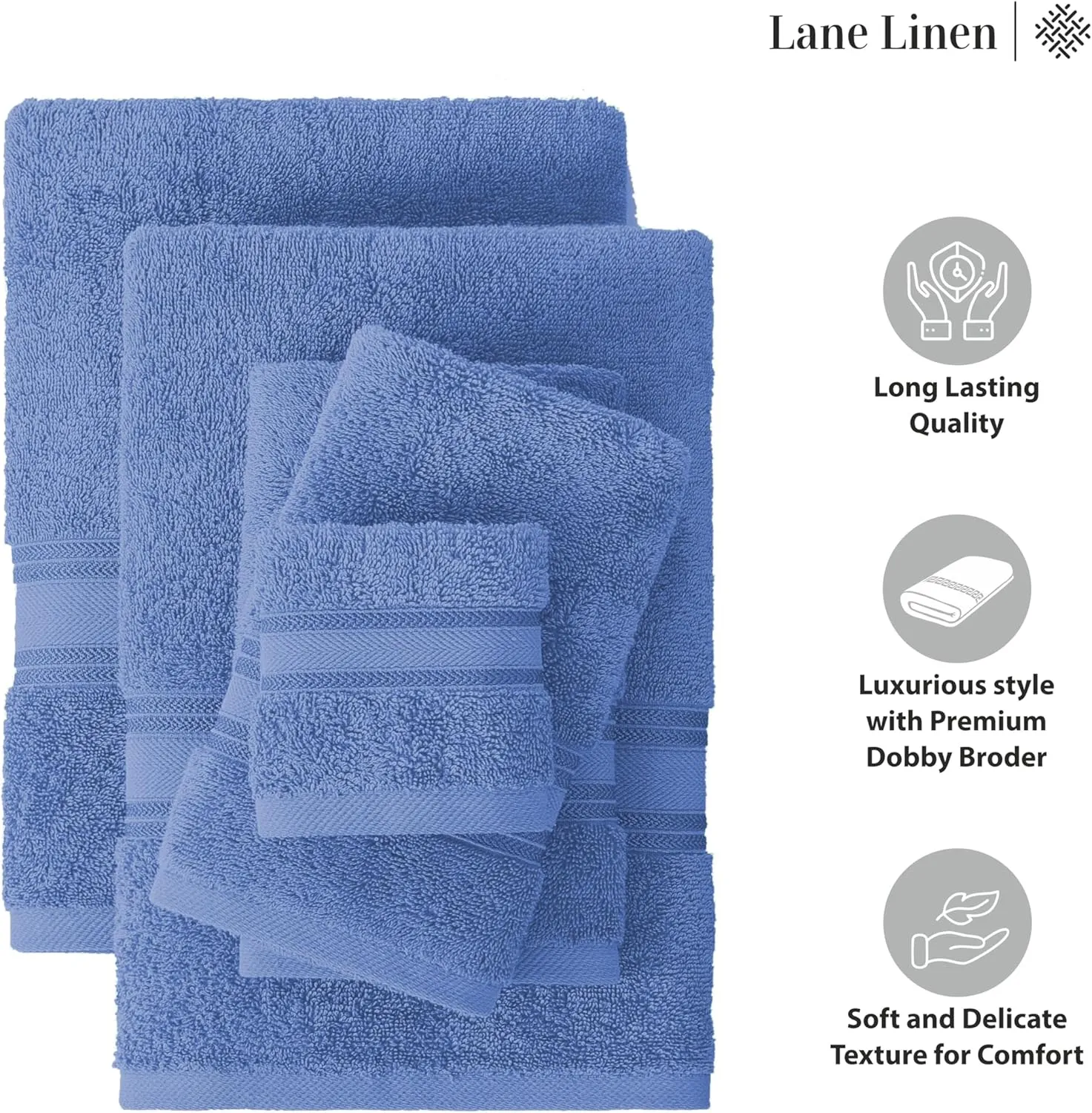 LANE LINEN Luxury Bath Towels Set - 6 Piece Set, 100% Cotton Bathroom Towel, Zero Twist, Quick Dry Shower Towels, Soft Absorbent Bath Towel, 2 Bath Towels, 2 Hand Towels, 2 Wash Cloths - Allure