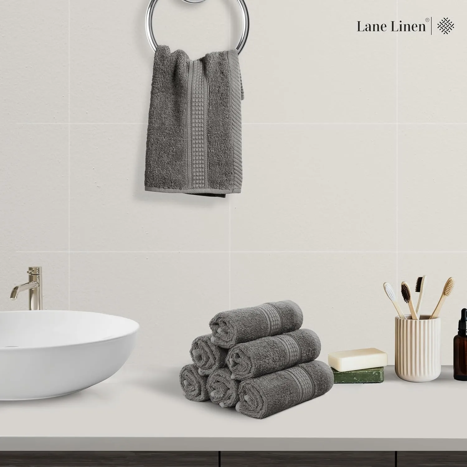 LANE LINEN Pack of 24 Washcloths Set - Spa & Salon Quality - 100% Mercerized Cotton Face Towels - Ring Spun, Very Soft & Absorbent Wash Cloths for Showering - Fingertip Towels - 13"x13", Space Grey