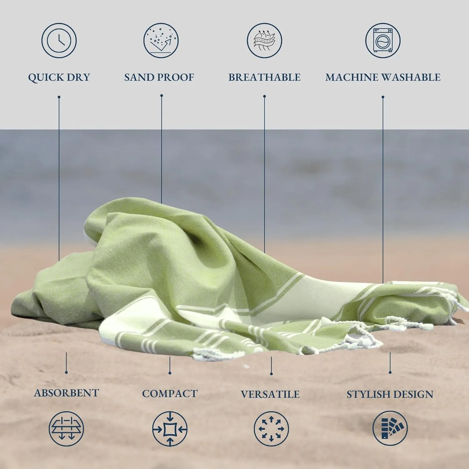 LANE LINEN Turkish Beach Towel 2 Pack, Oversized Beach Towel 39"x71", Lightweight Beach Essentials for Women, Large Pool Towel, Absorbent & Quick Dry, Sand Free Beach Towel - Jade Lime