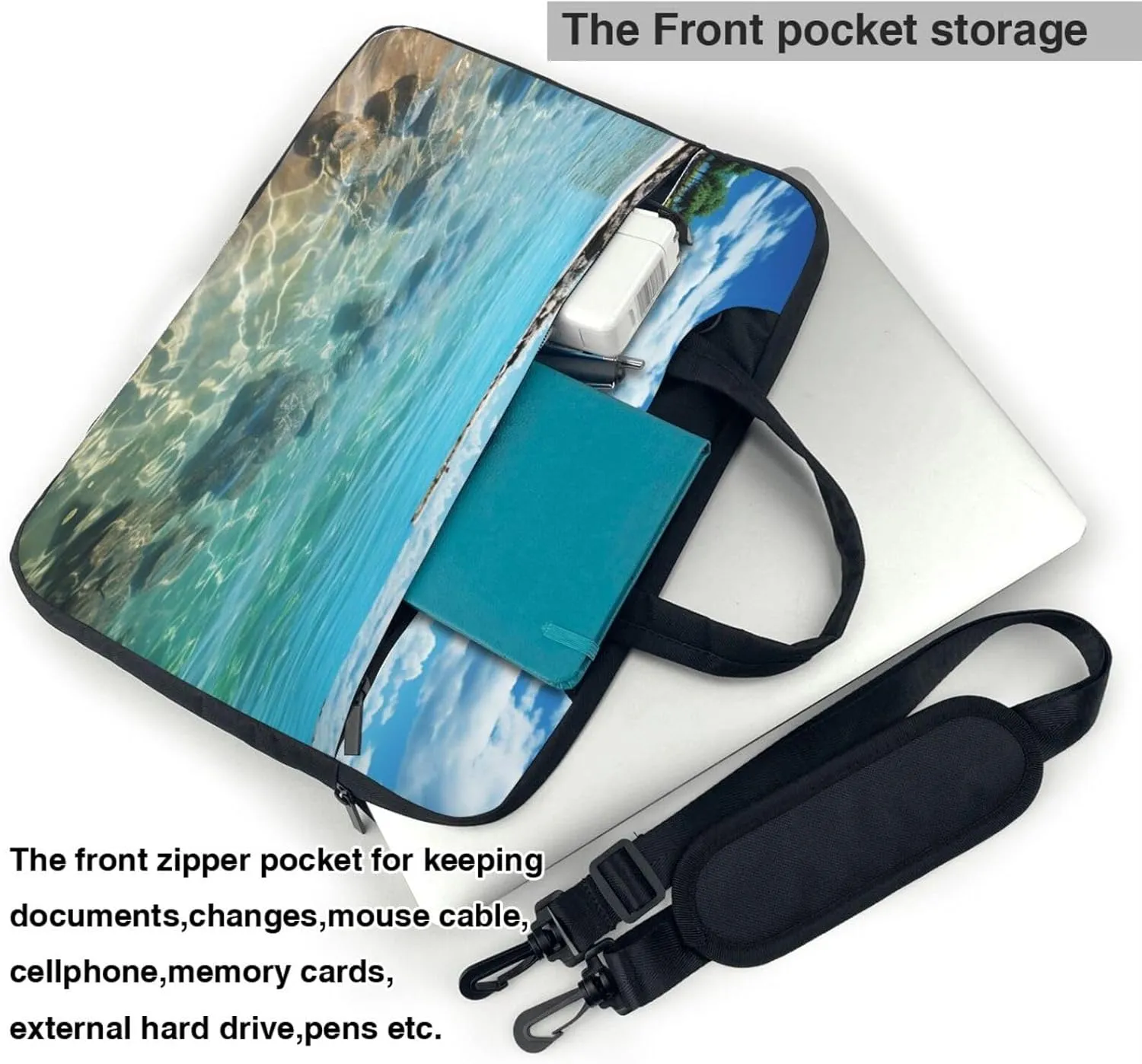 Laptop Sleeve Bag Shockproof Notebook Case Scenic Sea Water Computer Carrying Case with Shoulder Strap 13 inch