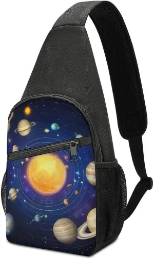 Large Capacity Chest Bag, Galaxy Space Planet Solar System Adjustable Crossbody Sling Bag with Key Leash and Padded Strap, Multi-Pocket Design for Outdoor Sports, Hiking, Travel