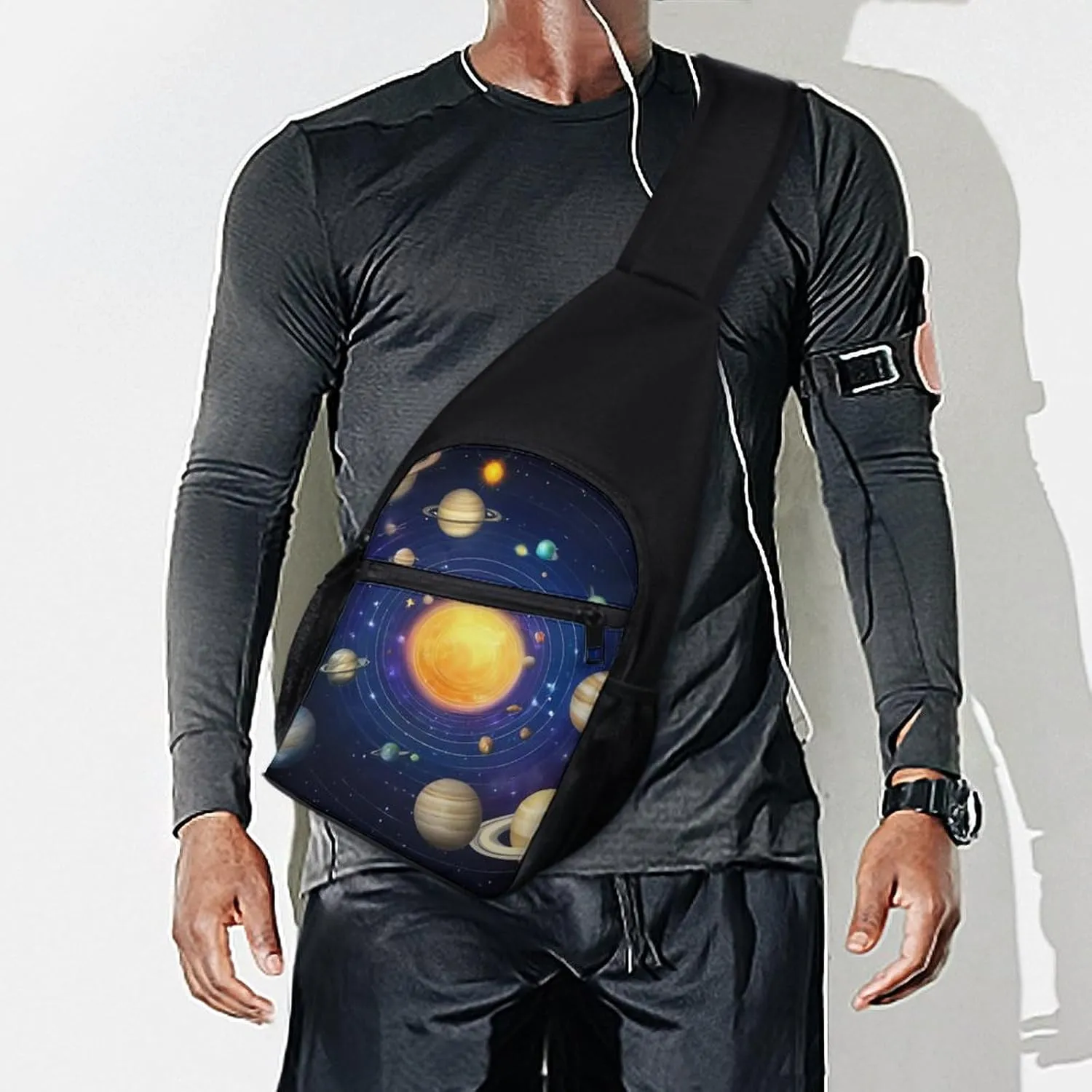 Large Capacity Chest Bag, Galaxy Space Planet Solar System Adjustable Crossbody Sling Bag with Key Leash and Padded Strap, Multi-Pocket Design for Outdoor Sports, Hiking, Travel