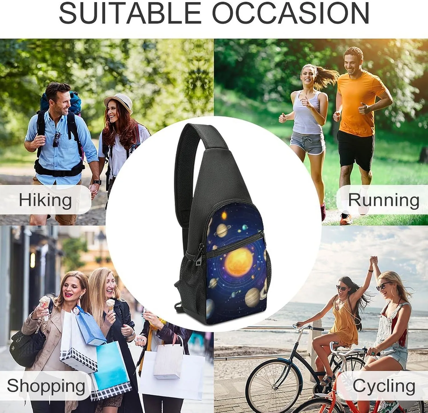 Large Capacity Chest Bag, Galaxy Space Planet Solar System Adjustable Crossbody Sling Bag with Key Leash and Padded Strap, Multi-Pocket Design for Outdoor Sports, Hiking, Travel