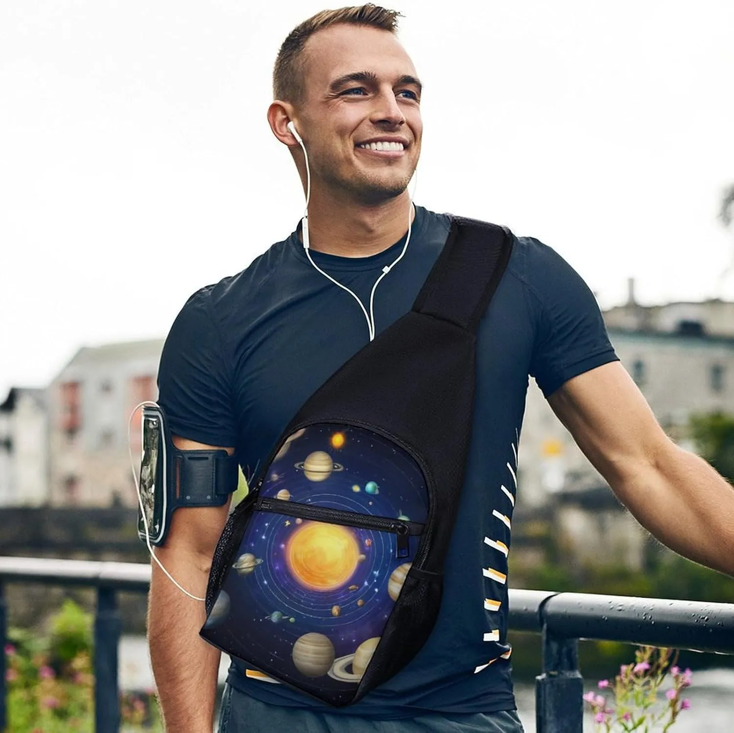 Large Capacity Chest Bag, Galaxy Space Planet Solar System Adjustable Crossbody Sling Bag with Key Leash and Padded Strap, Multi-Pocket Design for Outdoor Sports, Hiking, Travel