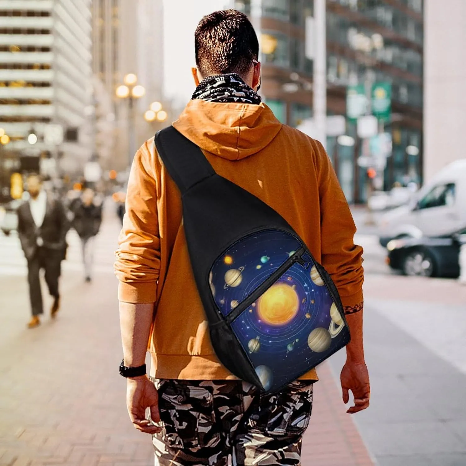 Large Capacity Chest Bag, Galaxy Space Planet Solar System Adjustable Crossbody Sling Bag with Key Leash and Padded Strap, Multi-Pocket Design for Outdoor Sports, Hiking, Travel